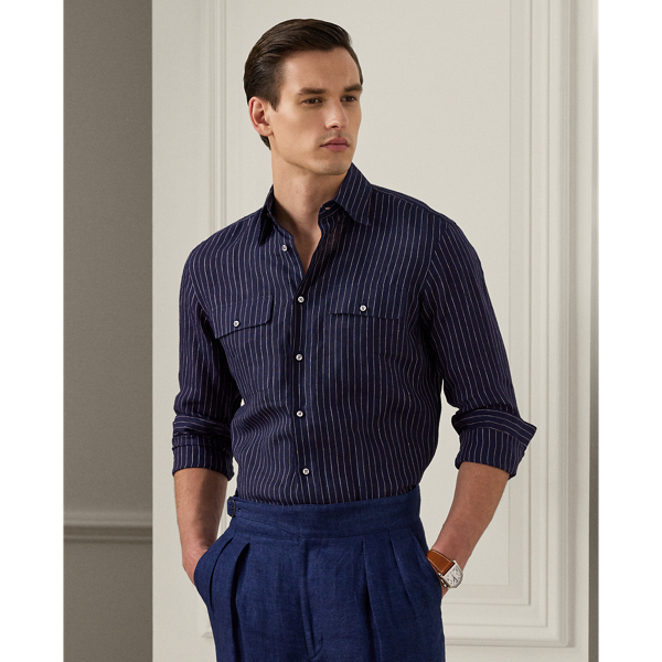 Shop Ralph Lauren Purple Label Pinstripe Linen Shirt In Spring Navy/cream