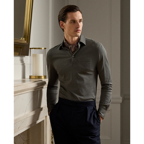 Ralph Lauren Piqué Long-sleeve Polo Shirt In Medium Grey Melange