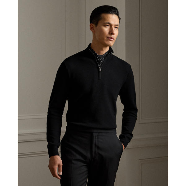 Ralph Lauren Piqué-knit Wool Quarter-zip Sweater In Polo Black