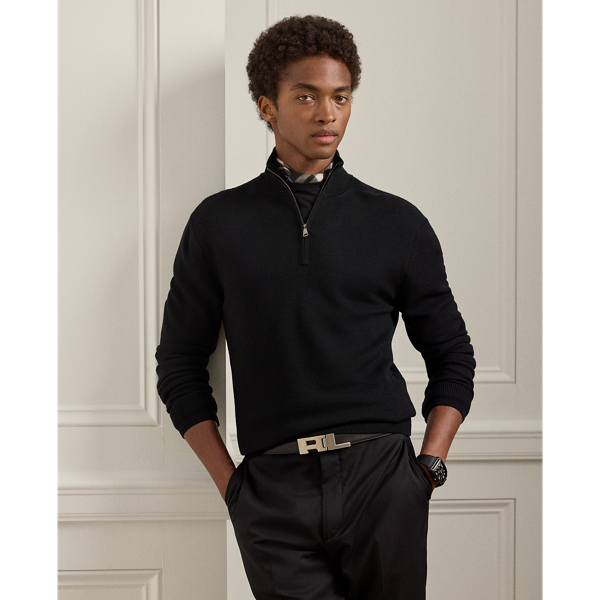Ralph Lauren Wool Piqué Quarter-zip Sweater In Black