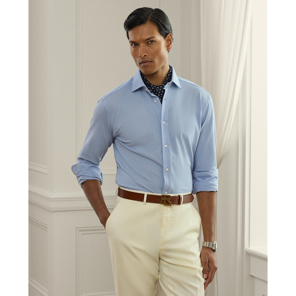Inspired by two  Ralph Lauren Lauren icons, this piece combines the refined silhouette of Purple Label's signature spread-collar shirt with the comfort and ease of our Polo shirt's cotton piqué fabric.