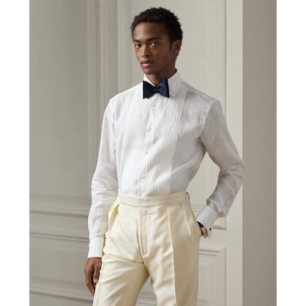 Ralph Lauren Purple Label Linen French Cuff Tuxedo Shirt In White