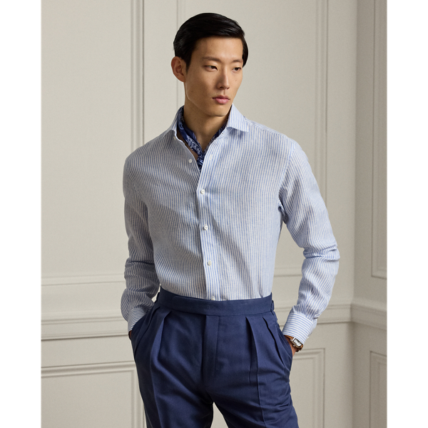 Ralph Lauren Handmade Striped Linen Shirt In Cornflower Blue/white