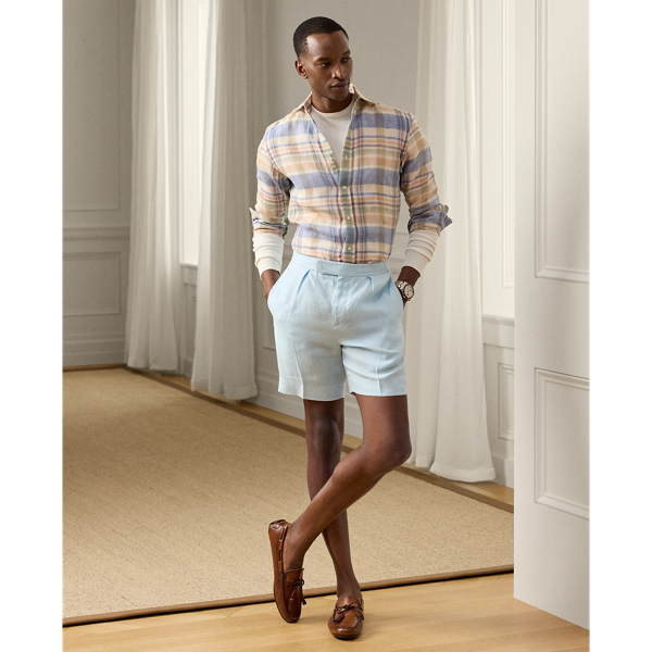 Ralph Lauren Hand-tailored Linen Basket-weave Short In Chambray Blue