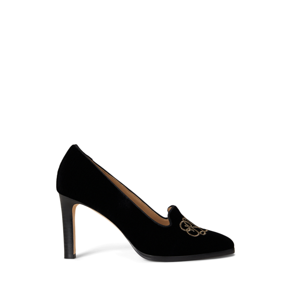 Ralph Lauren Corah Embroidered-logo Velvet Pump In Black