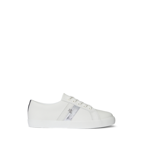 Ralph Lauren Janson Ii Metallic-trim Leather Sneaker In Snow White/bianco/silver