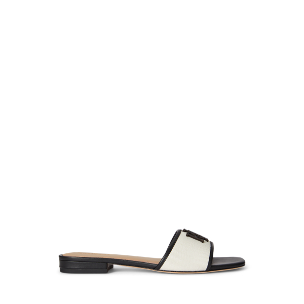 Ralph Lauren Everley Leather-trim Canvas Slide Sandal In Black