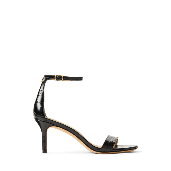 Ralph Lauren Allie Mid-heel Crocodile-embossed Sandal In Black