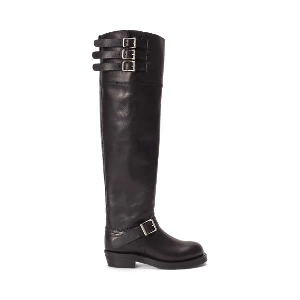 Ralph Lauren Burnished Leather Tall Moto Boot In Black