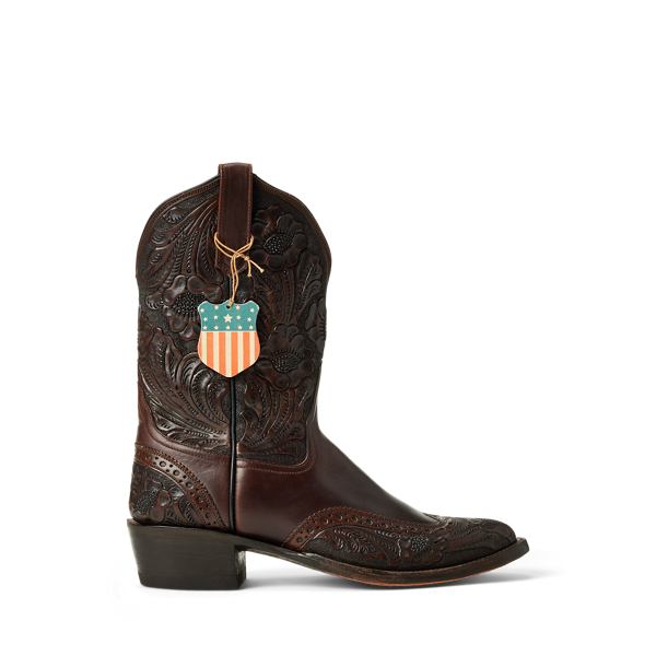 Double Rl Ralph Lauren Plainview Hand-tooled Leather Boot In Brown